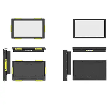 Le diagramme d'un écran industriel EuroTouch vue de dessous avec ses ports, vue de face, de profil et de derrière.