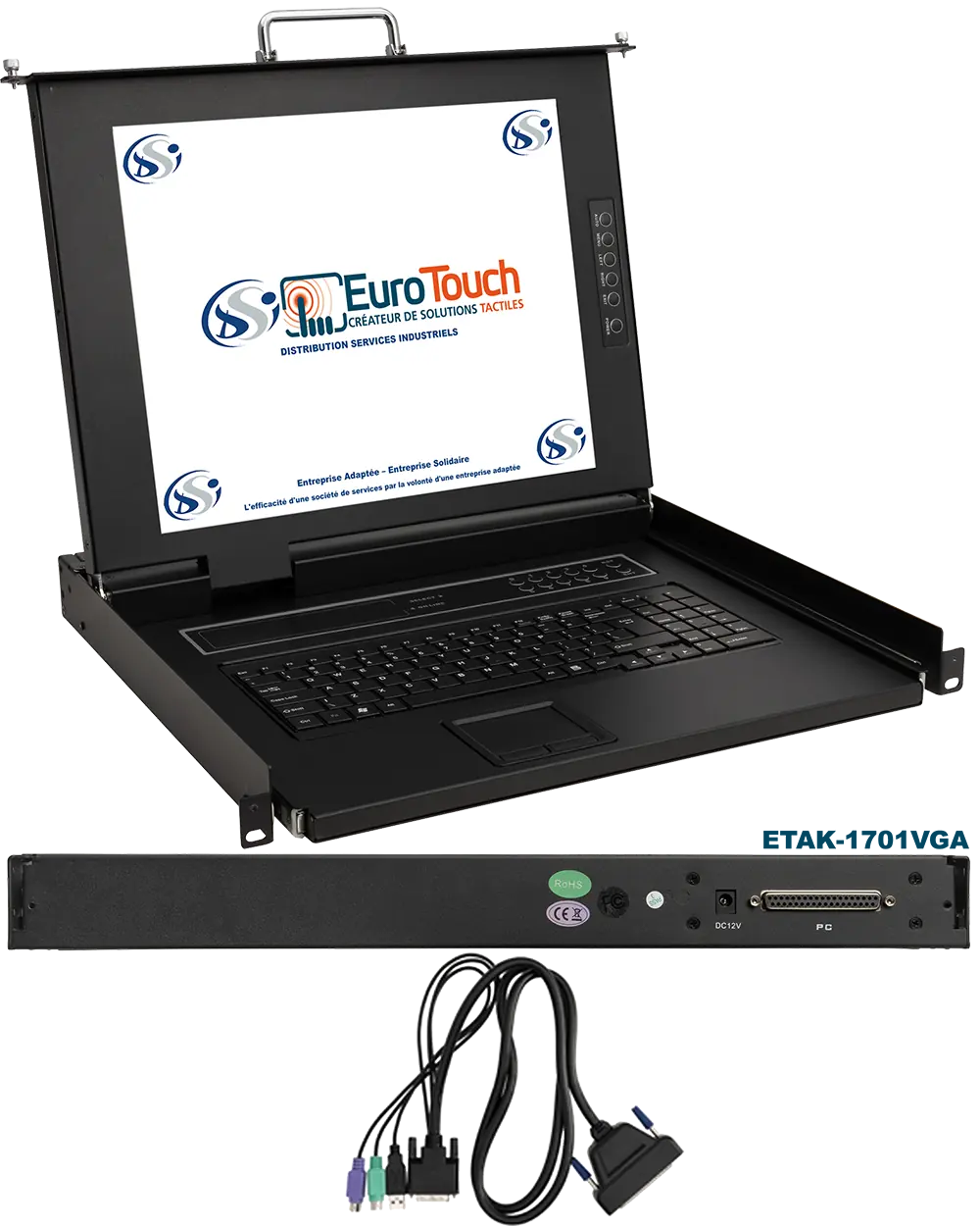 Ecran et clavier rackable industriel l'ETAK-1701VGA :Tiroir LCD 17"/clavier/touchpad.