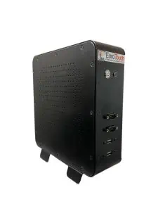 Un boîtier d'ordinateur Mini PC ITXBOX11BI noir sans ventilateur avec ses ports.